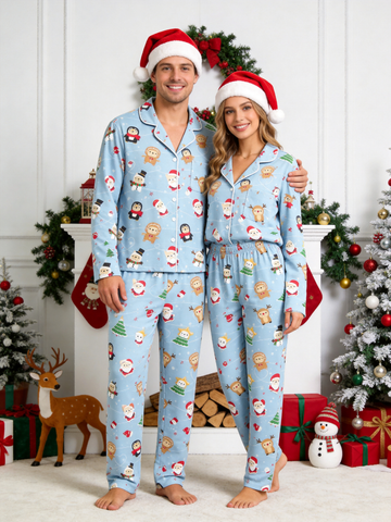 Matching Couple Pajamas - Light Blue Christmas Santa & Reindeer Cartoon Print Button up Pajamas