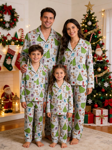 Christmas Family Pajamas 2-Piece Button-Down Long Sleeve Long Pants with Pocket - Cute Reindeer & Christmas Tree Print