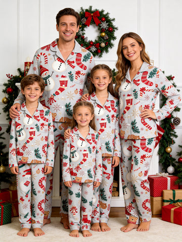 Holiday Family Pajamas Two-Piece Button-Front Long Sleeve Long Pants with Pocket - Festive Snowman & Candy Cane Print