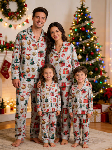 Christmas Family Pajamas 2-Piece Button-Down Long Sleeve Long Pants with Pocket - Festive Gift Box & Stocking Print