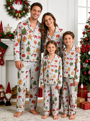 Christmas Family Sleepwear 2-Piece Button-Down Long Sleeve Long Pants with Pocket - Gingerbread Man & Gift Box Print