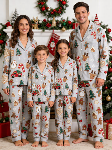 Family Christmas Pajamas Two-Piece Button-Front Long Sleeve Long Pants with Pocket - Gingerbread & Christmas Truck Print
