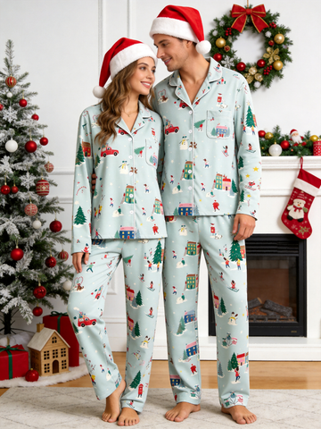 Matching Couple Christmas Pajamas - Sage Green Winter Town & Skiing Print Button-Down PJs