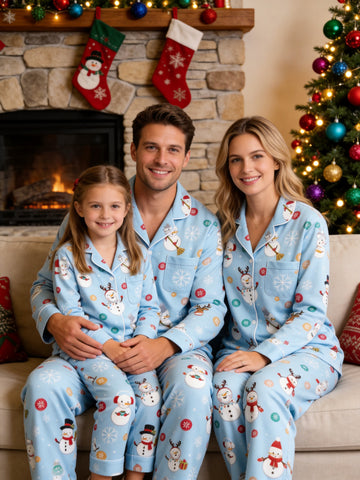 Matching Family Christmas Pajamas - Light Blue Cute Snowman & Reindeer Button-Down Sleep Set