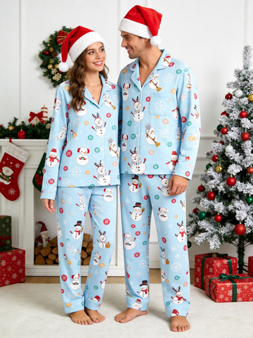 Matching Couple Christmas Pajamas - Light Blue Cute Snowman & Reindeer Button-Down Sleep Set