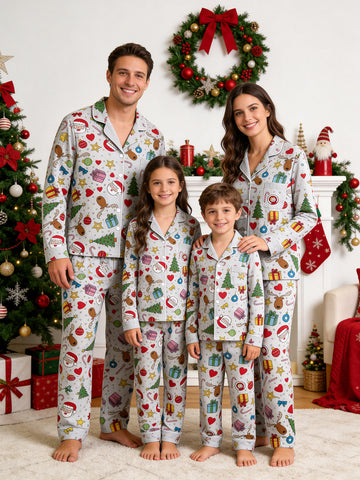 Christmas Family Pajamas 2-Piece Button-Down Long Sleeve Long Pants with Pocket - Santa Claus & Reindeer Print