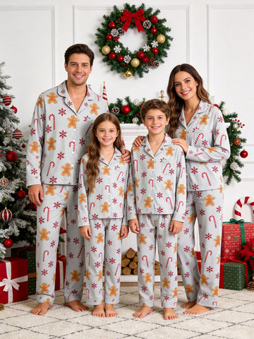 Holiday Family Sleepwear Two-Piece Button-Front Long Sleeve Long Pants with Pocket - Classic Gingerbread & Snowflake Print