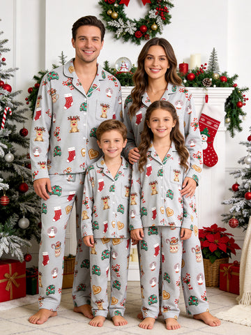 Christmas Family Pajamas 2-Piece Button-Down Long Sleeve Long Pants with Pocket - Reindeer & Snow Globe Print