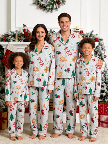 Family Christmas Sleepwear Two-Piece Button-Front Long Sleeve Long Pants with Pocket - "HO HO HO" & Tree Print