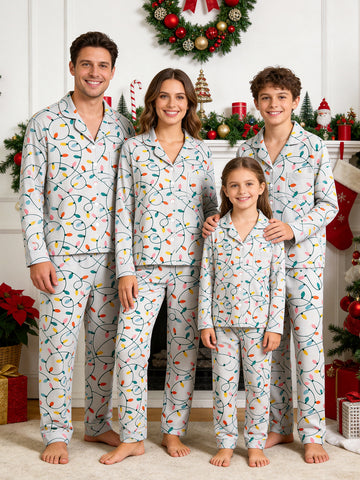 Christmas Family Pajamas 2-Piece Button-Down Long Sleeve Long Pants with Pocket - Colorful Christmas String Lights Print