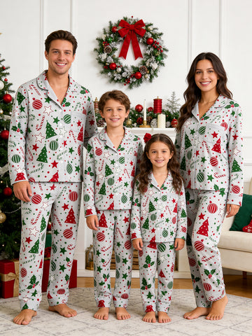 Holiday Family Pajamas Two-Piece Button-Front Long Sleeve Long Pants with Pocket - Red & Green Christmas Tree Print