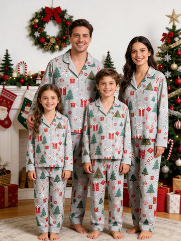 Christmas Family Sleepwear 2-Piece Button-Down Long Sleeve Long Pants with Pocket - Christmas Tree & Gift Box Print