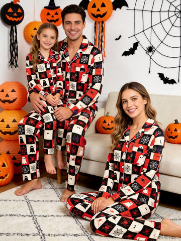 Matching Family Halloween Pajamas - Red & Black Checkered Ghost & Spiderweb Button-Down Set