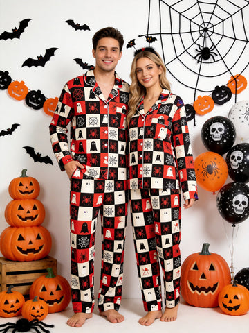 Matching Couple Halloween Pajamas - Red & Black Checkered Ghost & Spiderweb Button-Down Set