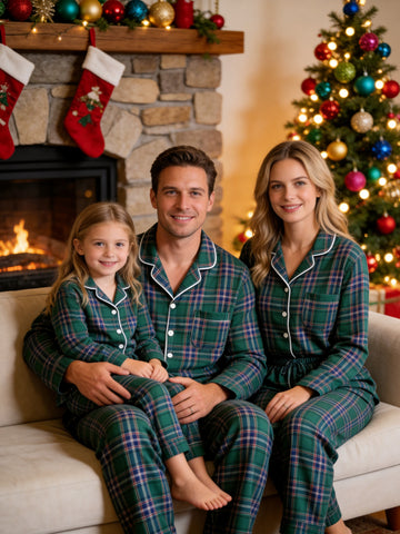 Classic Tartan Plaid Family Christmas Pajamas - Dark Green Long-Sleeve Button-Down Sleep Set