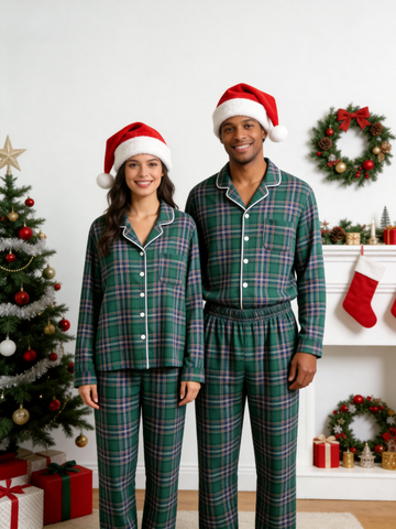 Classic Tartan Plaid Couple Christmas Pajamas - Dark Green Long-Sleeve Button-Down Sleep Set