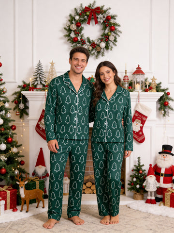Emerald Green Outline Christmas Tree Print Button-Down Matching Couple Pajamas Set