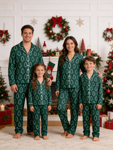Emerald Green Outline Christmas Tree Print Button-Down Matching Family Pajamas Set