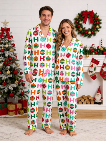 Colorful Christmas Baubles and H Letter Pattern Button-Down Couple Sleepwear Set