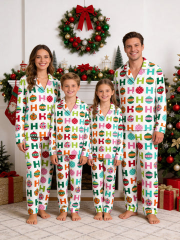 Colorful Christmas Baubles and H Letter Pattern Button-Down Family Sleepwear Set