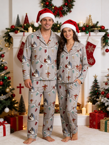 Two-Piece Set Nativity Light String Print Couple Christmas Two-Piece Button-Down PJS Long Sleeve Top and Pants with Pockets Winter Holiday Sets