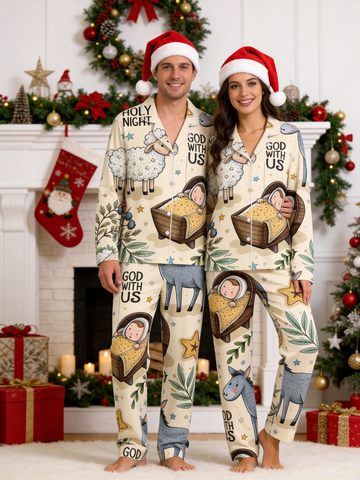 Two-Piece Set Holy Night Manger Scene Print Couple Christmas Two-Piece Button-Down PJS Long Sleeve Top and Pants with Pockets Winter Holiday Sets