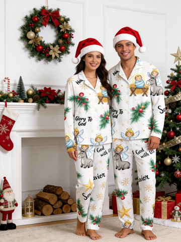 Two-Piece Set Glory To God Angel Print Couple Christmas Two-Piece Button-Down PJS Long Sleeve Top and Pants with Pockets Winter Holiday Sets