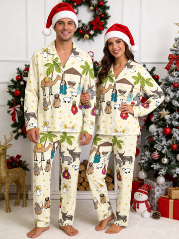 Two-Piece Set Nativity Scene Camel Print Couple Christmas Two-Piece Button-Down PJS Long Sleeve Top and Pants with Pockets Winter Holiday Sets