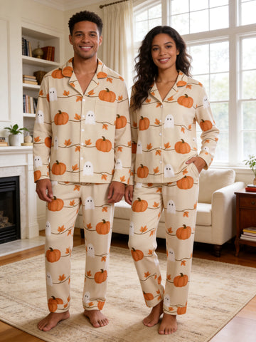 Little Ghosts and Pumpkins Print Couple Matching PJs