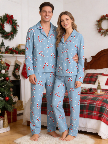 Candy Cane and Polka Dot Print Matching Couple Christmas Pajamas Blue PJs
