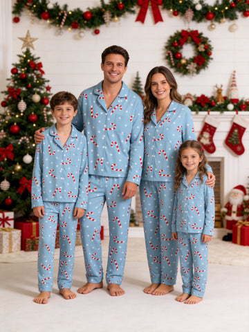 Candy Cane and Polka Dot Print Matching Family Christmas Pajamas Blue PJs