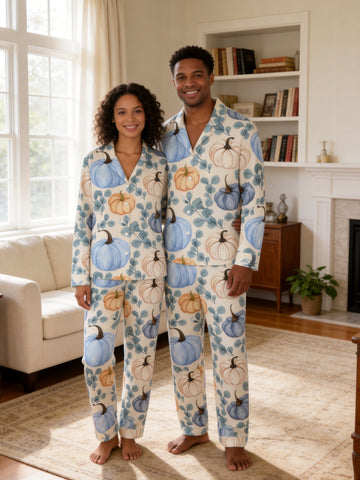 Elegant Blue and Cream Pumpkins with Eucalyptus Leaves Print Couple Sleepwear