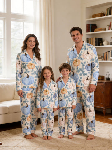 Elegant Blue and Cream Pumpkins with Eucalyptus Leaves Print Family Sleepwear