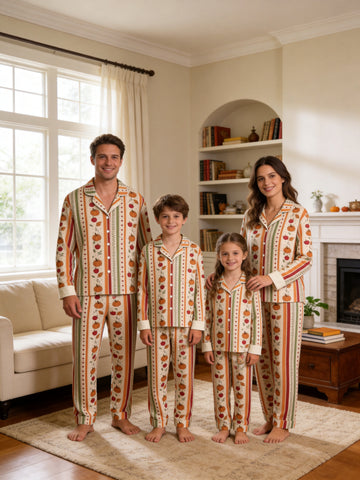 Vintage Autumn Pumpkin Harvest and Fall Leaves Stripe Print Matching Family Pajamas Set