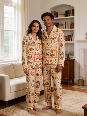 Cozy Autumn Woodland Animals Foxes and Lanterns Print Couple Holiday Sleepwear