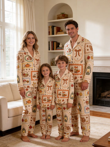 Cozy Autumn Woodland Animals Foxes and Lanterns Print Family Holiday Sleepwear