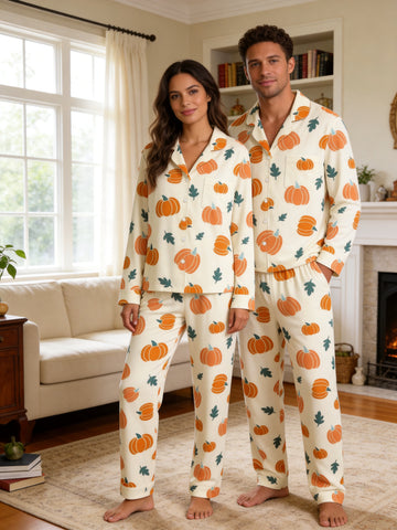 Cute Orange Pumpkins and Fall Foliage Print Matching Couple Sleepwear PJs