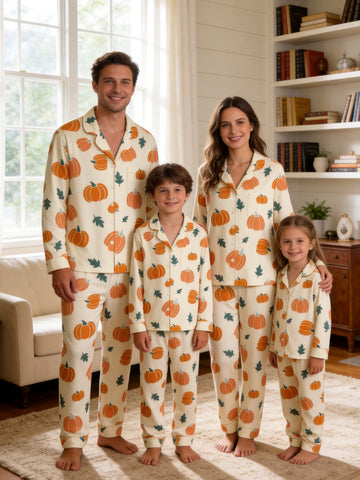 Cute Orange Pumpkins and Fall Foliage Print Matching Family Sleepwear PJs
