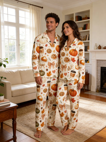 Fall Pumpkin Spice Latte, Cinnamon Rolls and Autumn Treats Print Couple Pyjamas