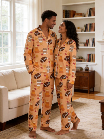 Football Season and Coffee Fall Themed Print Matching Couple Pajama Set
