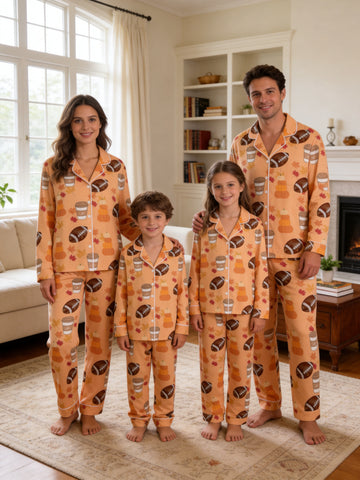 Football Season and Coffee Fall Themed Print Matching Family Pajama Set