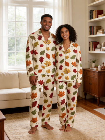 Classic Colorful Fall Maple Leaves Pattern Print Matching Couple Sleepwear