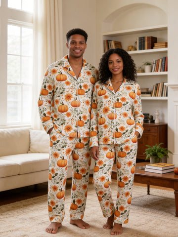 Autumn Harvest Orange Pumpkins and Fall Sunflowers Print Couple Sleepwear PJs