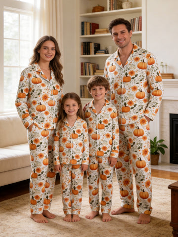 Autumn Harvest Orange Pumpkins and Fall Sunflowers Print Family Sleepwear PJs