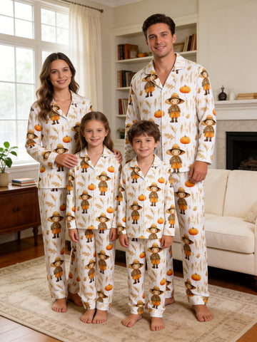 Cute Scarecrow and Harvest Wheat Thanksgiving Print Family Matching Pyjamas