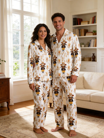 Rustic Scarecrow with Straw Hat and Cornfield Print Couple Holiday Sleepwear Set