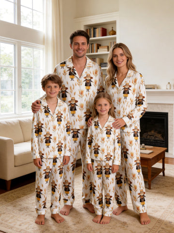 Rustic Scarecrow with Straw Hat and Cornfield Print Family Holiday Sleepwear Set