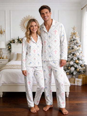 Elegant Pastel Blue Flowers and Faith Crosses Print Couple Matching Pyjamas