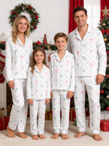 Elegant Pastel Blue Flowers and Faith Crosses Print Family Matching Pyjamas