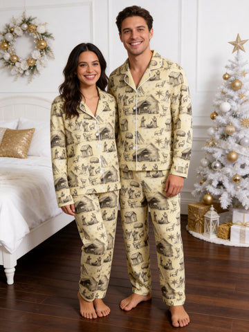 Vintage Nativity Stable and Manger Scene Print Couple Holiday Sleepwear Set